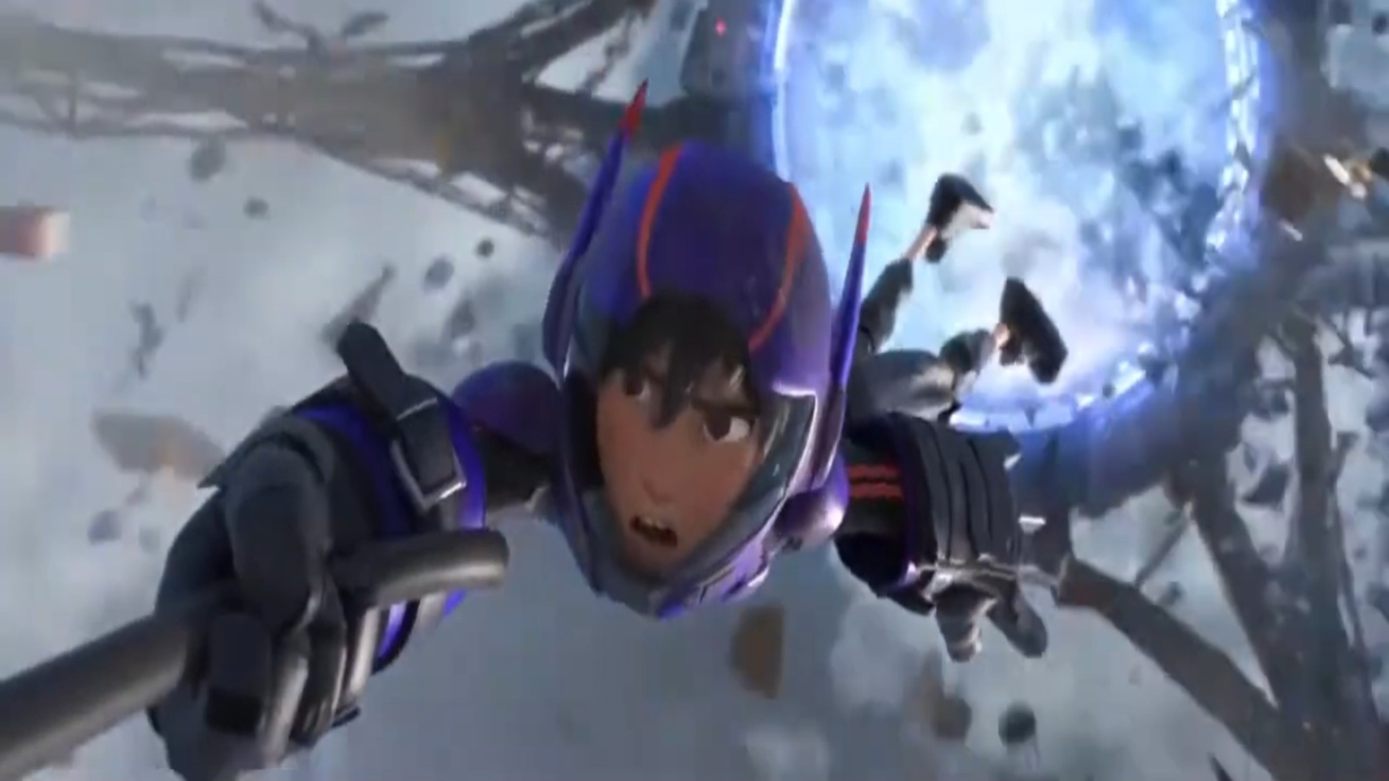 Hiro Hamada hanging on for dear life in Big Hero 6