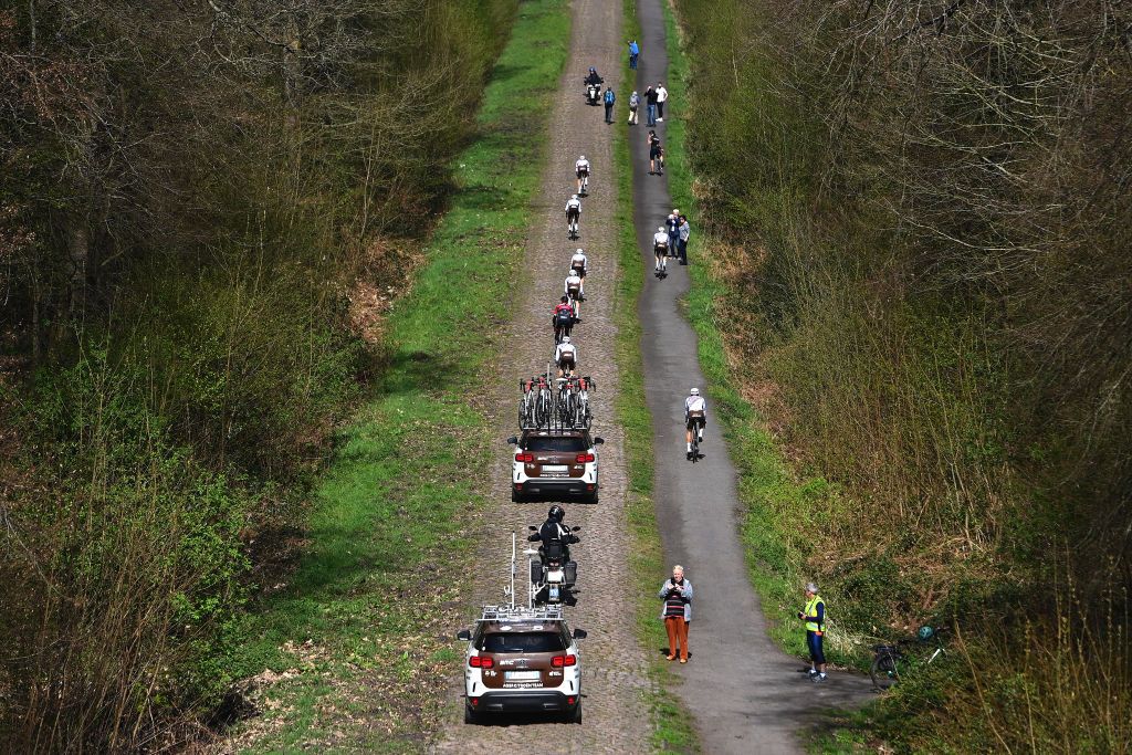 ROUBAIX FRANCE APRIL 14 A general view of the AG2R Citren Team training at Troue dArenberg sector during the 119th ParisRoubaix 2022 Training ParisRoubaix WorldTour on April 14 2022 in Roubaix France Photo by Tim de WaeleGetty Images