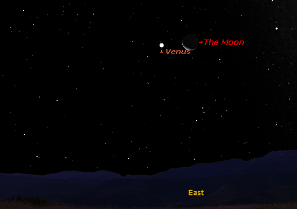 This sky map shows the location of Venus and Jupiter near each other on Sept. 12, 2012, in the predawn sky at 5 a.m. local time as viewed from mid-northern latitudes.