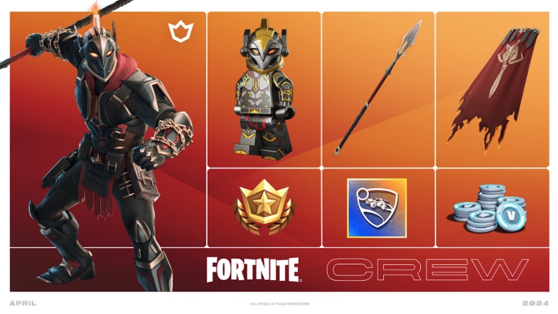 The Fortnite Crew offering for April 2024. Shows Ares in both regular and Lego Styles, alongside some other rewards