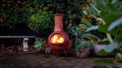Chimenea with fire in the backyard with lots of plants in a garden