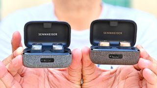 Sennheiser Momentum TW3 and TW4 held in hand side by side for face-off