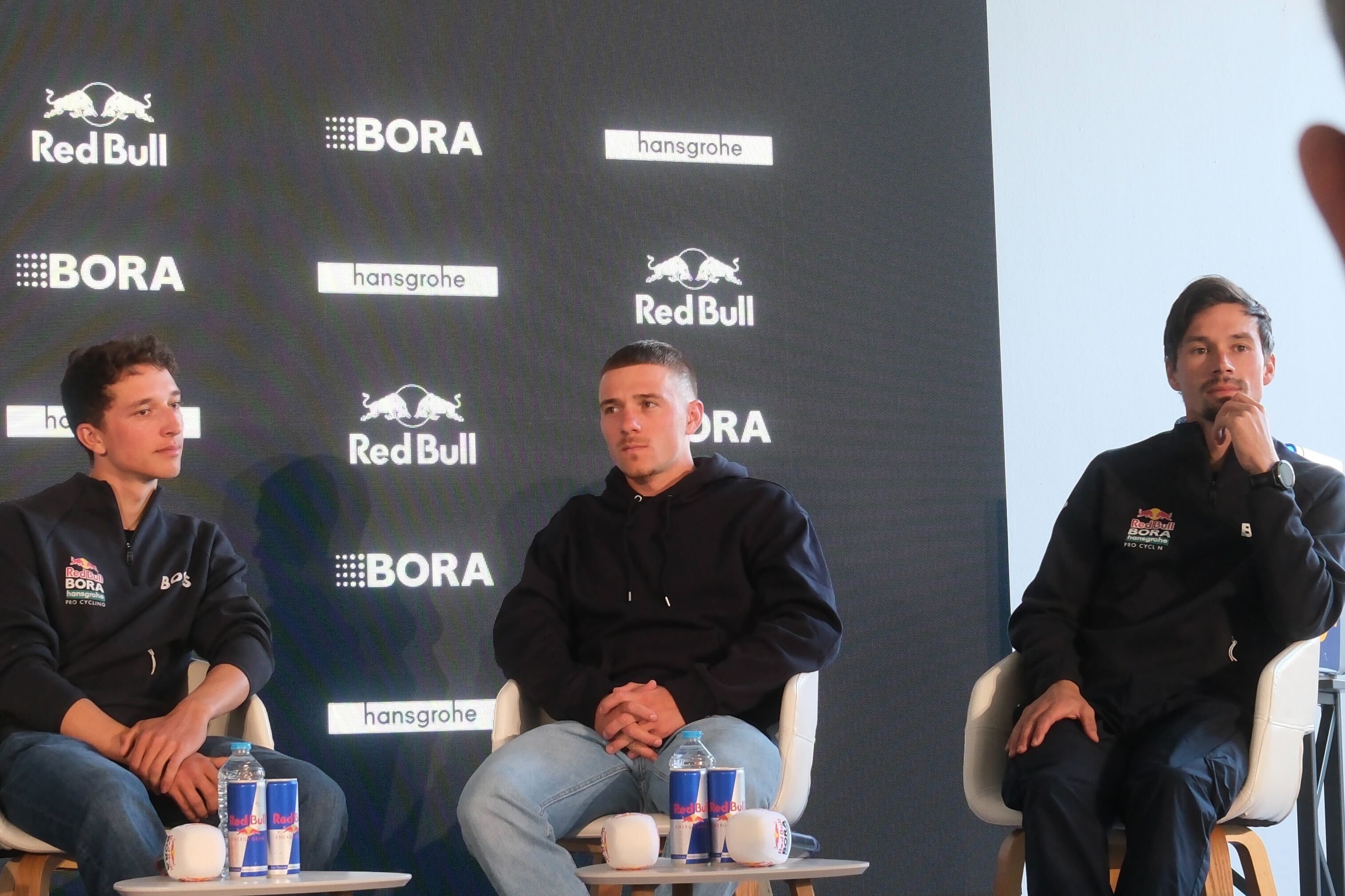 Florian Lipowitz, Remco Evenepoel and Primoz Roglic at Red Bull-Bora-Hansgrohe media day