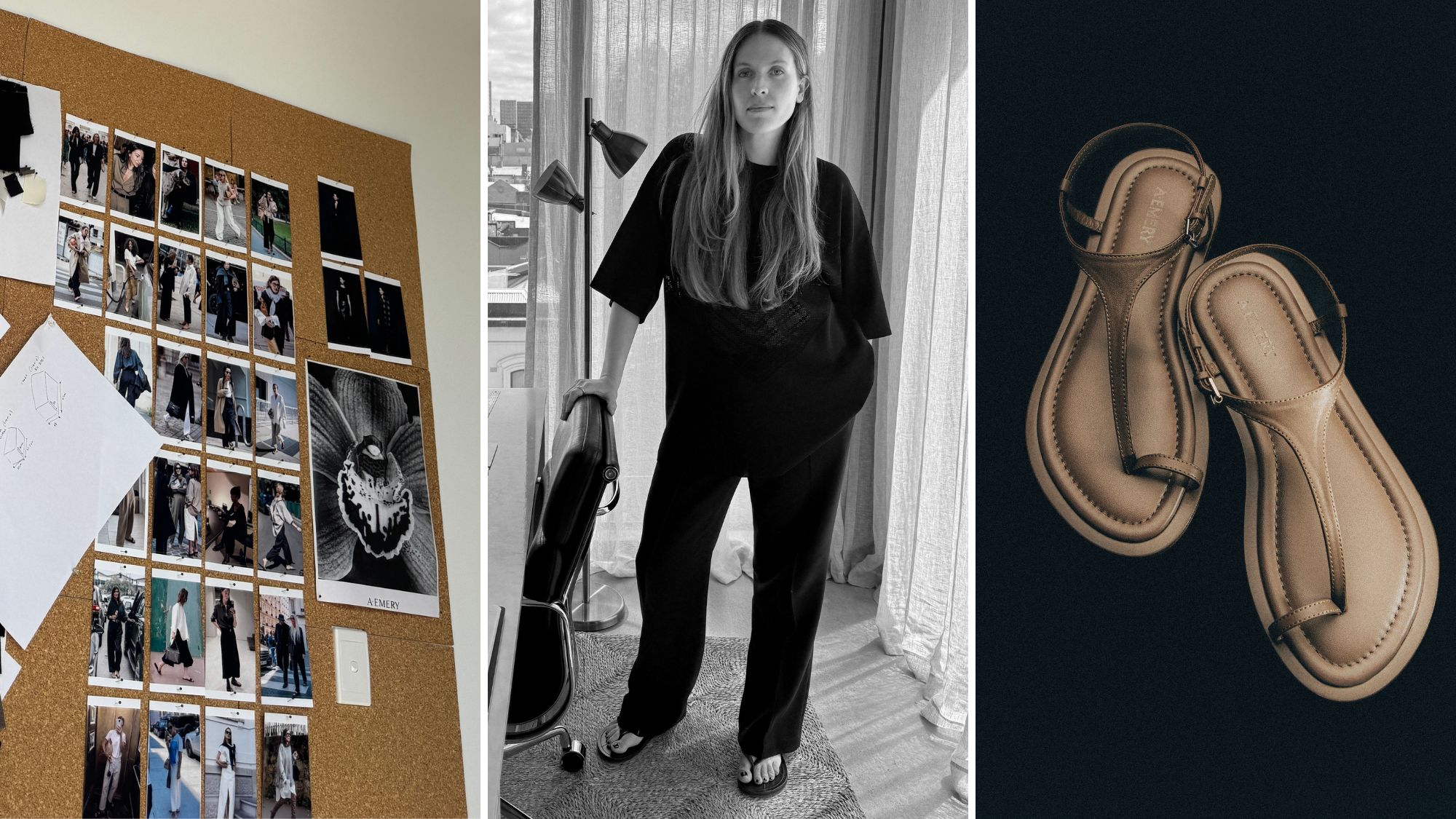 a collage showing A.Emery founder anna mclaren, a pair of sandals and a moodboard