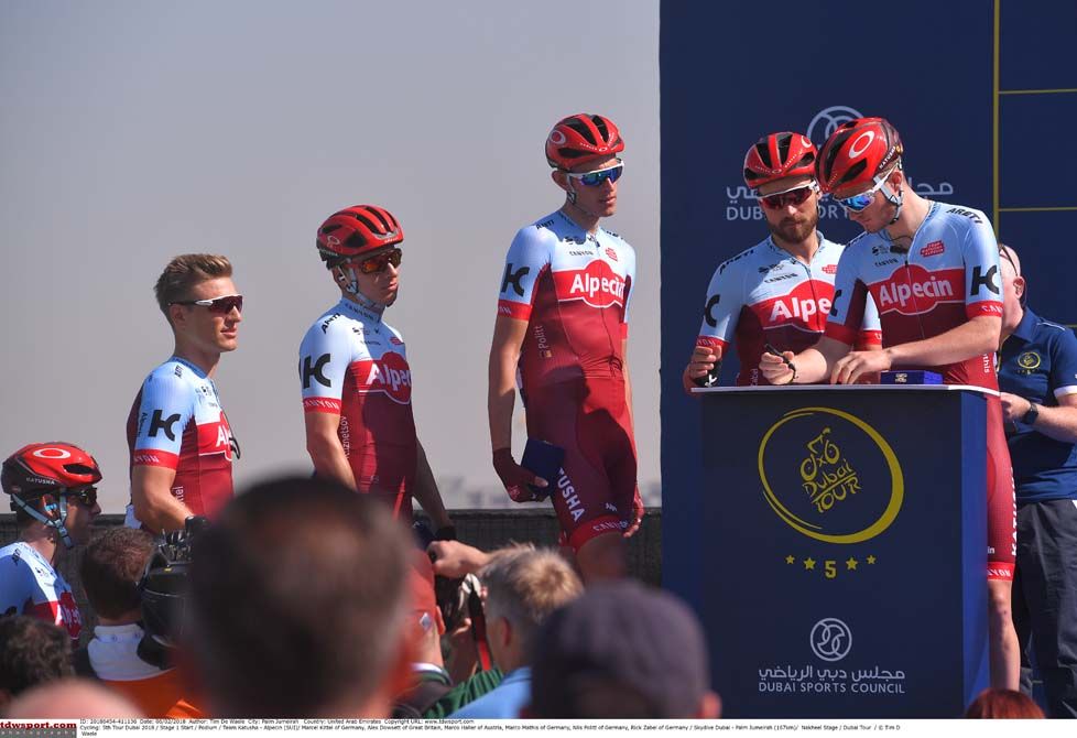 Marcel Kittel and his Katusha-Alpecin teammates sign on at the Dubai Tour
