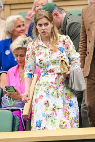 Princess Beatrice wearing a Monique Lhuillier floral dress at the 2024 Wimbledon games in London July 2024