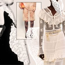 Lace collage of lace scraps, models wearing white lace skirts, dresses, and tops.