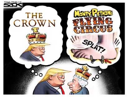 Political Cartoon U.S. Monty Python Trump Queen Elizabeth State Visit