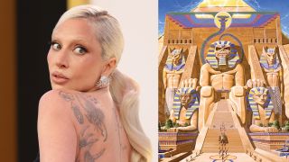 Lady Gaga next to an image of the Powerslave album cover