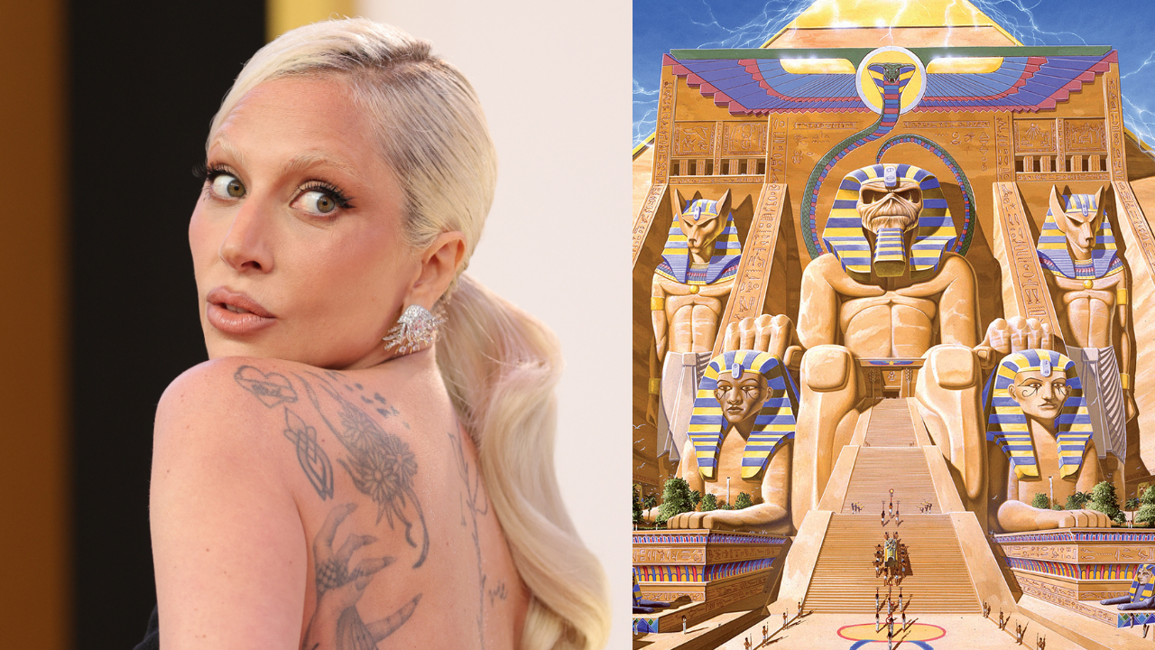 Lady Gaga next to an image of the Powerslave album cover