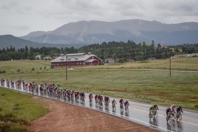 The peloton in the rain on stage 5 of the USA Pro Challenge to Breckenridge