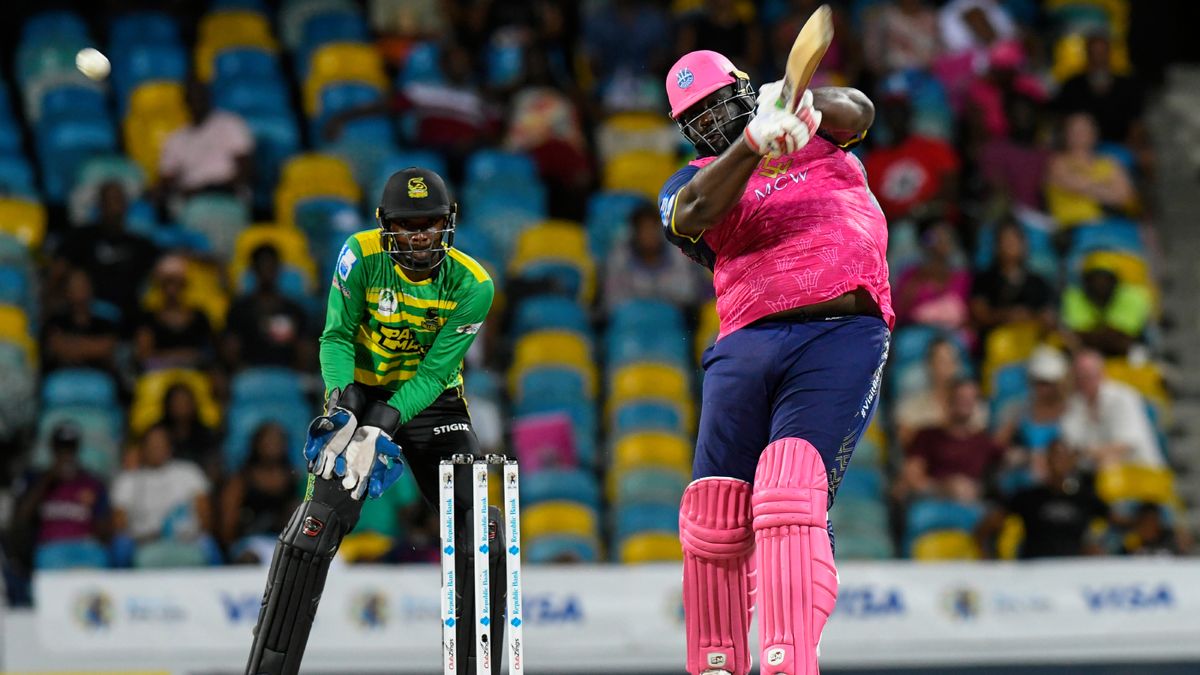 Barbados Royals&#039; Rahkeem Cornwall batting in a CPL 2023 match against Jamaica Tallawahs.