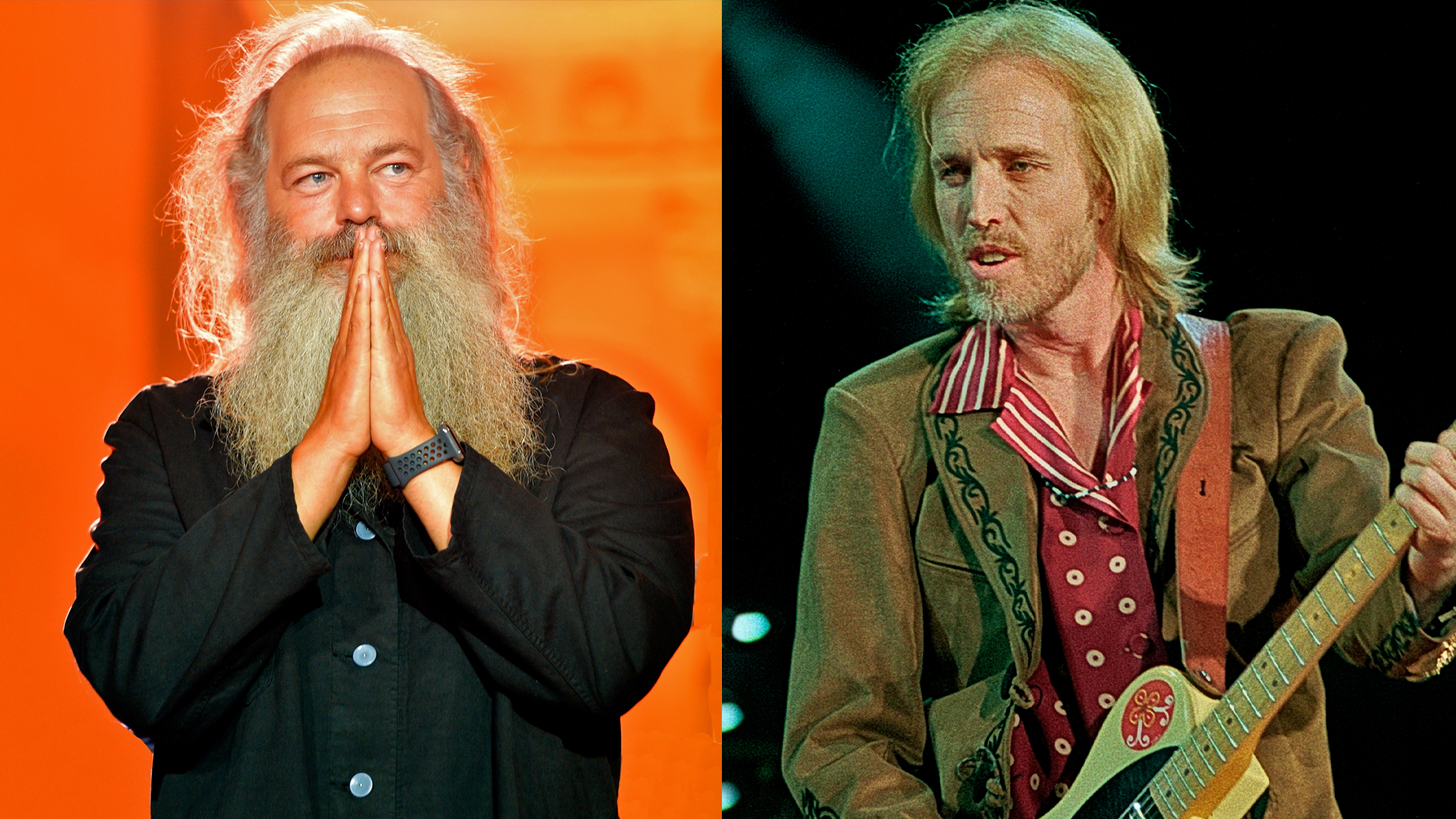 LEFT: Rick Rubin at Spotify's Inaugural Secret Genius Awards hosted by Lizzo at Vibiana on November 1, 2017 in Los Angeles, California. RIGHT: Tom Petty of Tom Petty and The Heartbreakers perform at Lakewood Amphitheater in Atlanta Georgia November 19, 1991