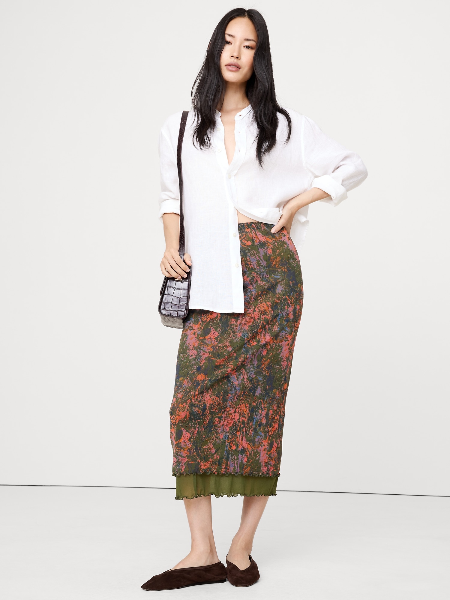 Lettuce-Hem Mesh Midi Skirt