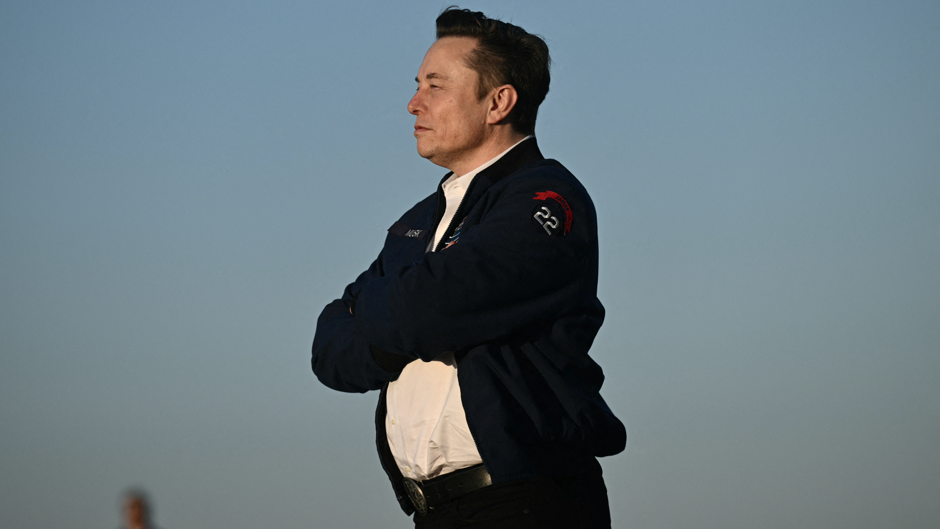 Elon Musk profile shot with a clear sky in the background