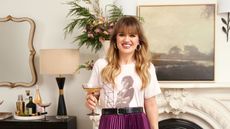 kelly clarkson in her living room for her NYC wayfair collection