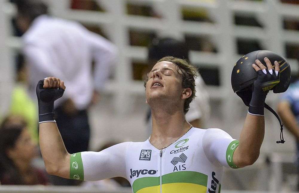 Sam Welsford (Australia) celebrates his omnium victory