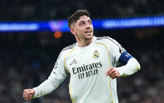  Federico Valverde of Real Madrid celebrates scoring his team's second goal during the UEFA Champions League 2025/26 Round of 16 First Leg match between Real Madrid CF and Manchester City FC at Estadio Santiago Bernabeu on March 11, 2026 in Madrid, Spain. 