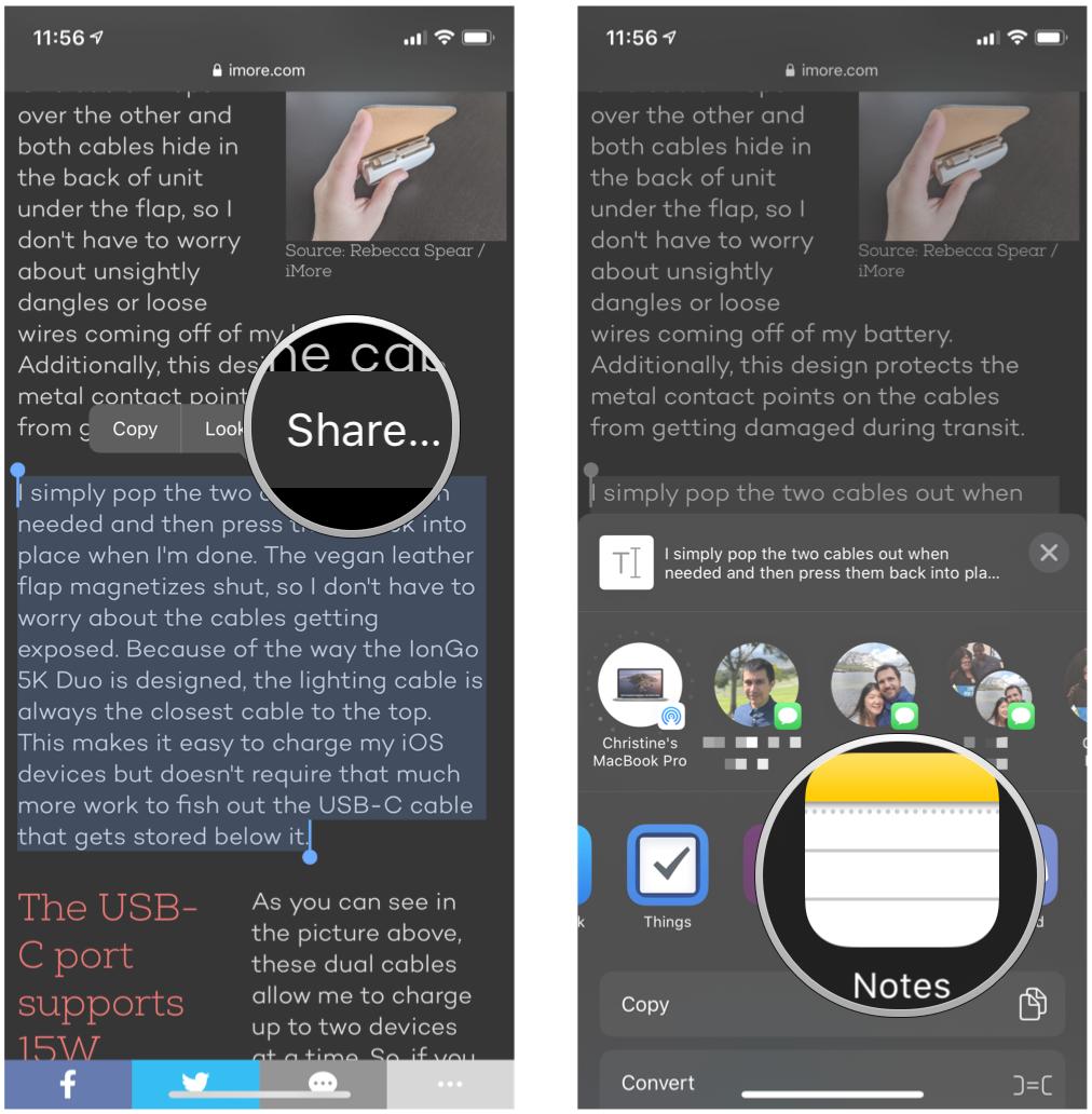 Add text from Safari or Chrome to Notes by showing steps: Select text and then tap to hold, select Share, select Notes