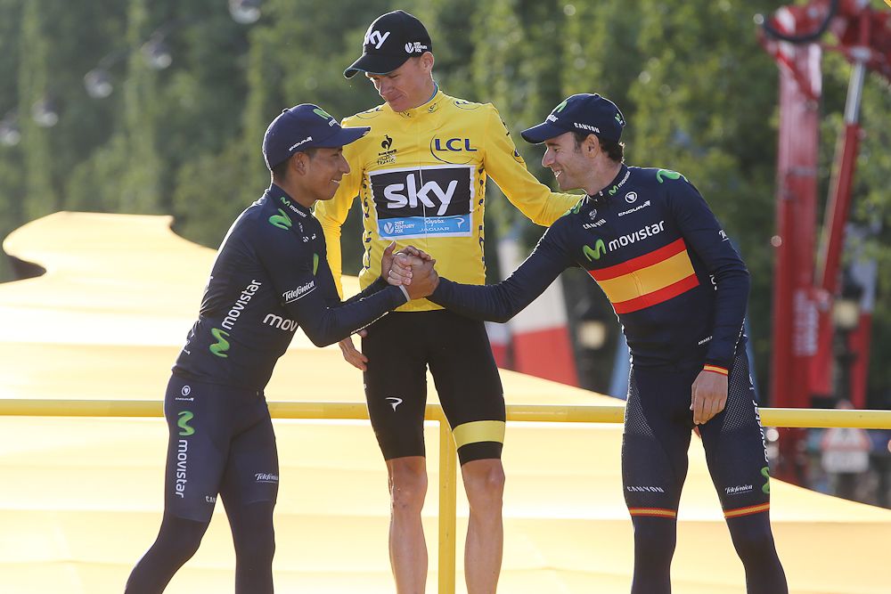 Nairo Quintana and Alejandro Valverde flank Chris Froome on the final podium.