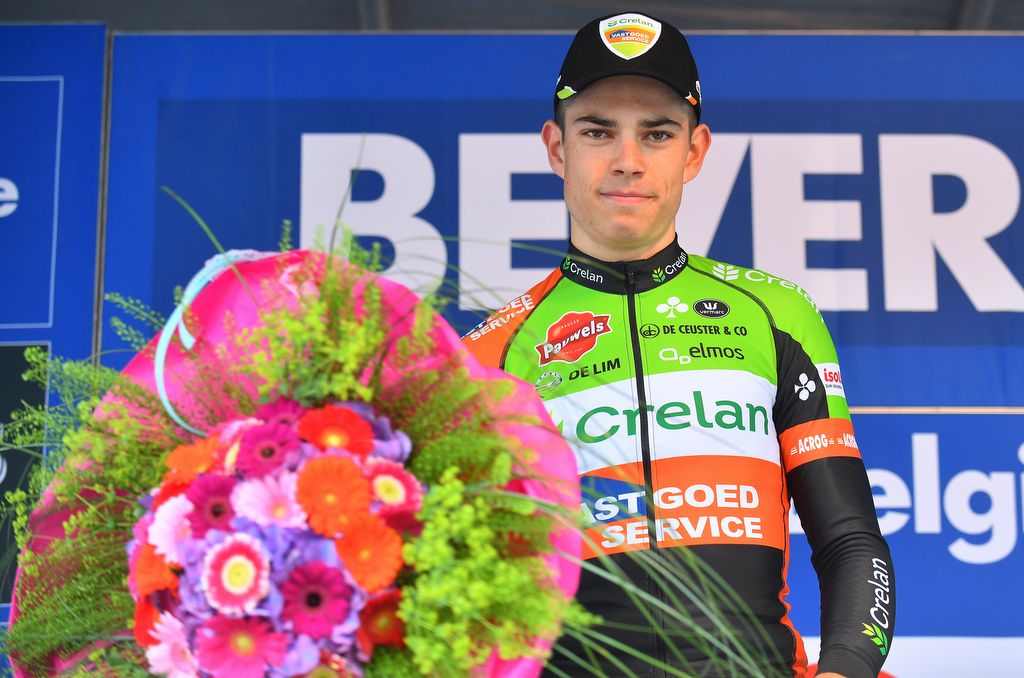 Wout Van Aert chats on the podium at the Baloise Belgium Tour