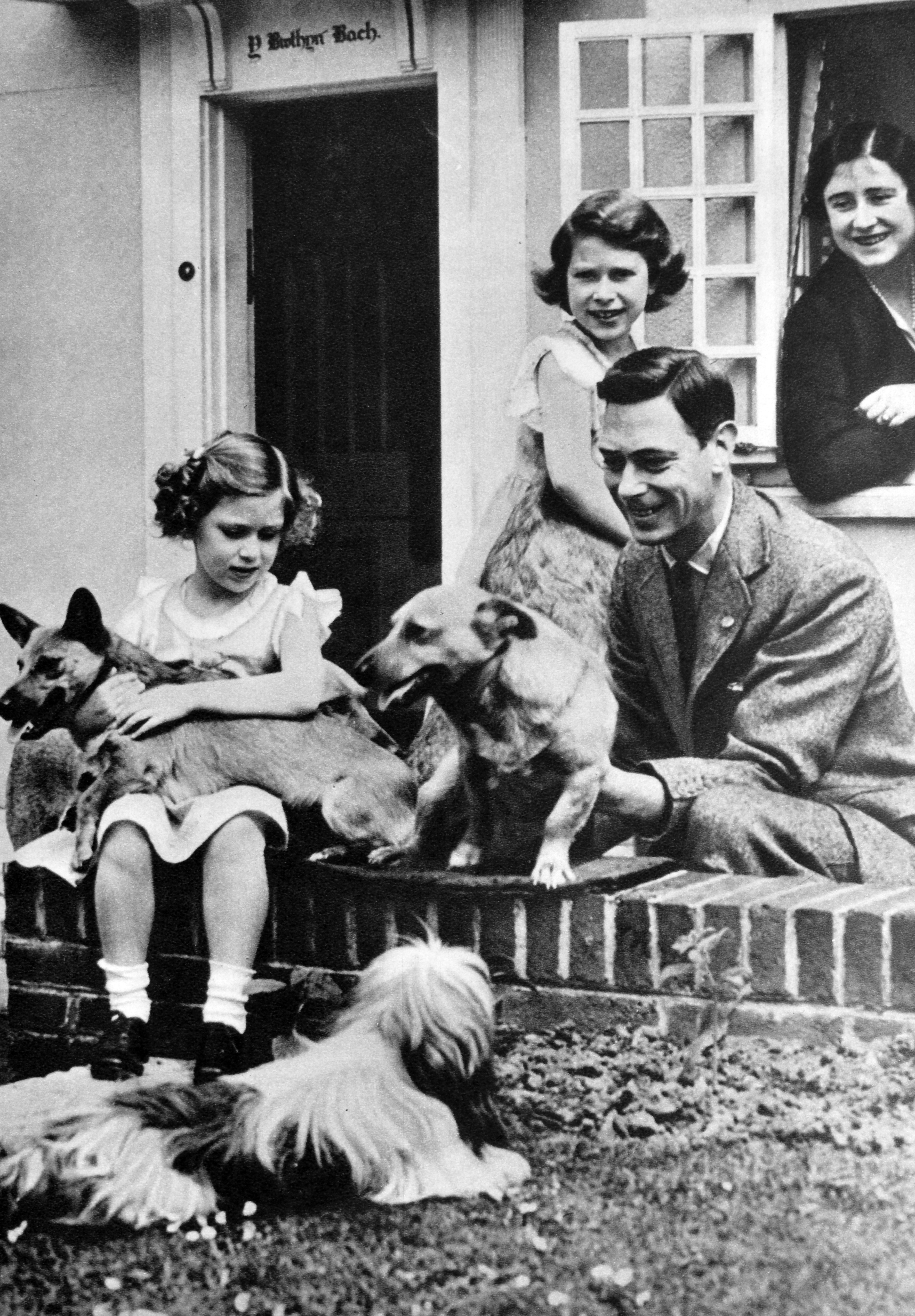 The Queen Mother hanging out a window watching King George VI play with dogs and Princess Margaret and Princess Elizabeth
