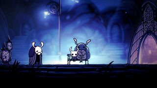 Hollow Knight screenshot showing two figures sitting on a bunch backed by a glowing blue light