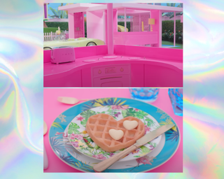 A still of Barbie's hot pink kitchen and a tropical plate with a heart-shaped waffle