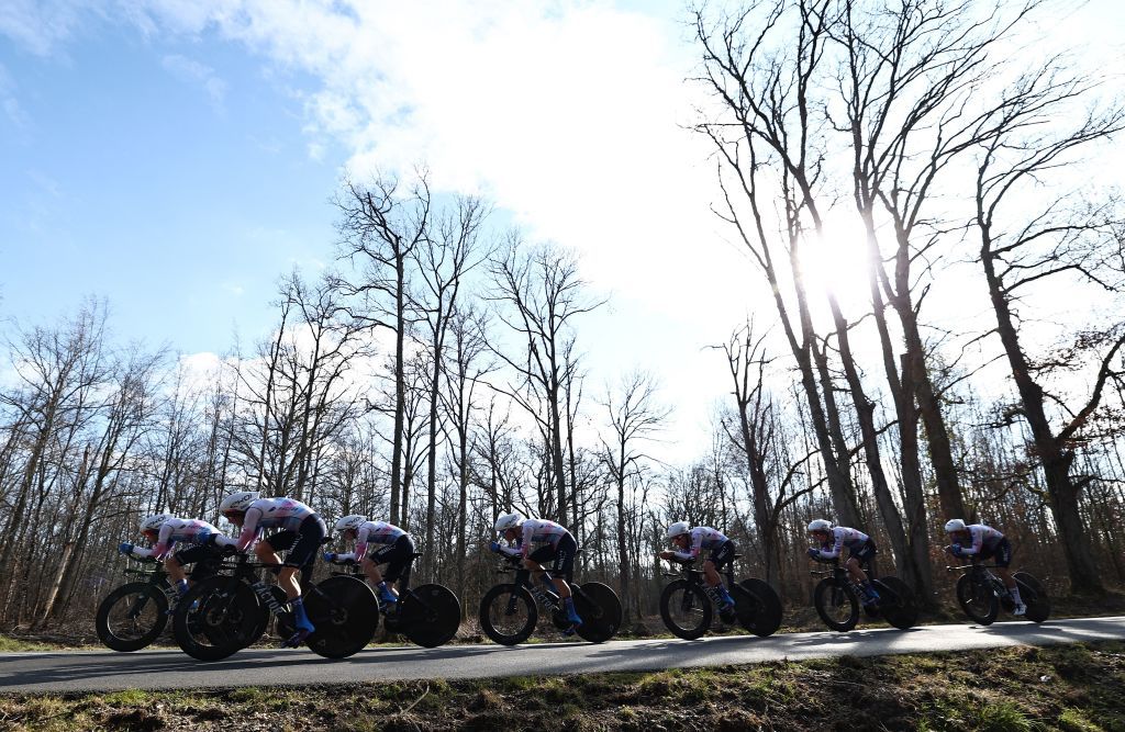 IsraelPremier Tech Team riders cycle during the 3rd stages team trial of the 81st Paris Nice cycling race 322 km between DampierreenBurly and DampierreenBurly on March 7 2023 Photo by ANNECHRISTINE POUJOULAT AFP Photo by ANNECHRISTINE POUJOULATAFP via Getty Images