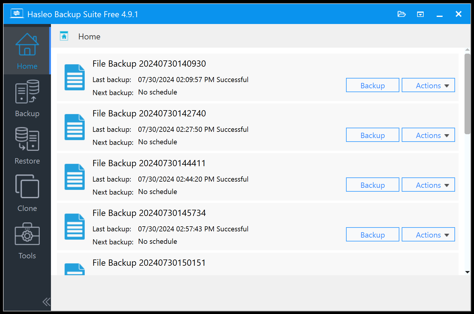 Our tester's successful job queue in Hasleo Backup Suite.