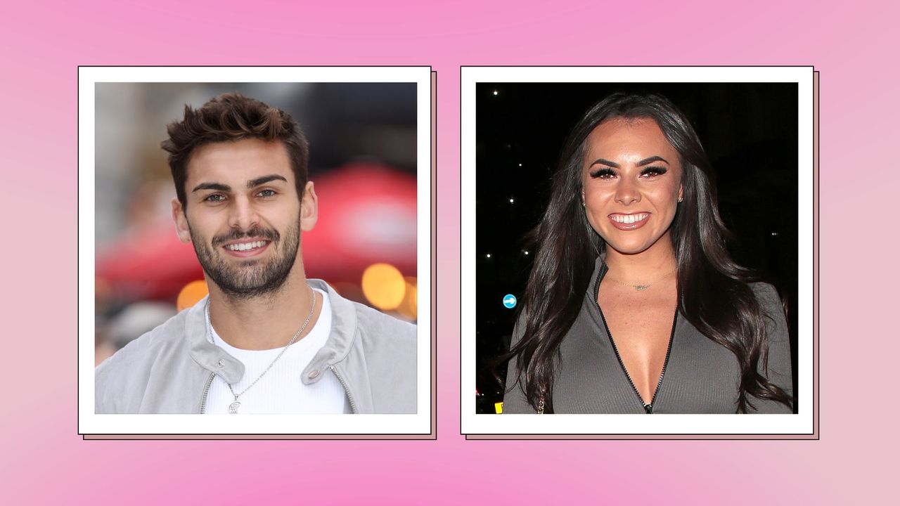 Love Island&#039;s Adam Collard smiling, side by side with a smiling Paige Thorne on a pink background