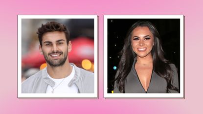 Love Island's Adam Collard smiling, side by side with a smiling Paige Thorne on a pink background