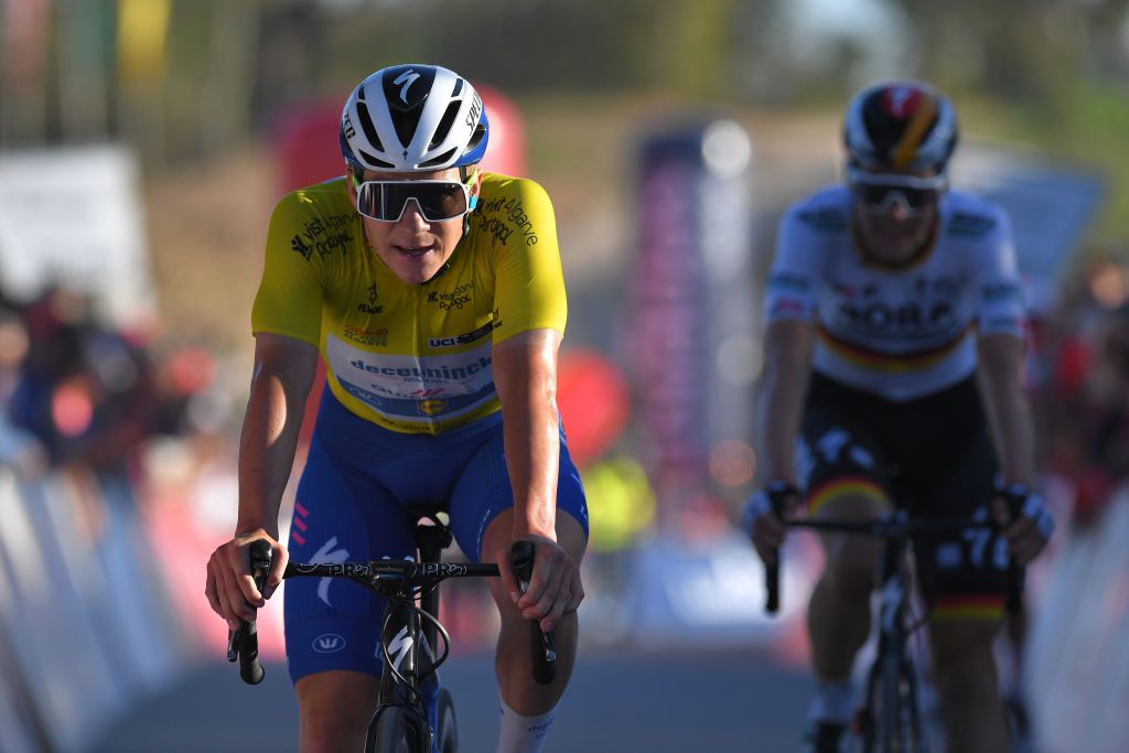 ALTO DO MALHO LOUL PORTUGAL FEBRUARY 22 Arrival Remco Evenepoel of Belgium and Team Deceuninck Quick Step Yellow Leader Jersey during the 46th Volta ao Algarve 2020 Stage 4 a 1697km stage from Albufeira to Alto do Malho 518m Loul VAlgarve2020 on February 22 2020 in Alto do Malho Loul Portugal Photo by Tim de WaeleGetty Images