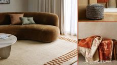 Three of our favourite wool room decorations Ruggable wool rug in a room with a sofa on the rug, Next knitted doorstop, Woolroom throw
