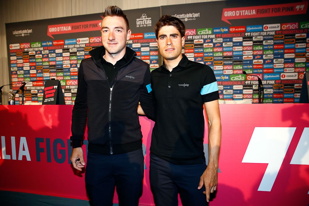 Elia Viviani and Mikel Landa at the Team Sky press conference.