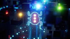 A stylized CGI image showing a bacteria-shaped malware with three red lights resembling traffic lights, against a dark backrgound with green, yellow, and red lights.