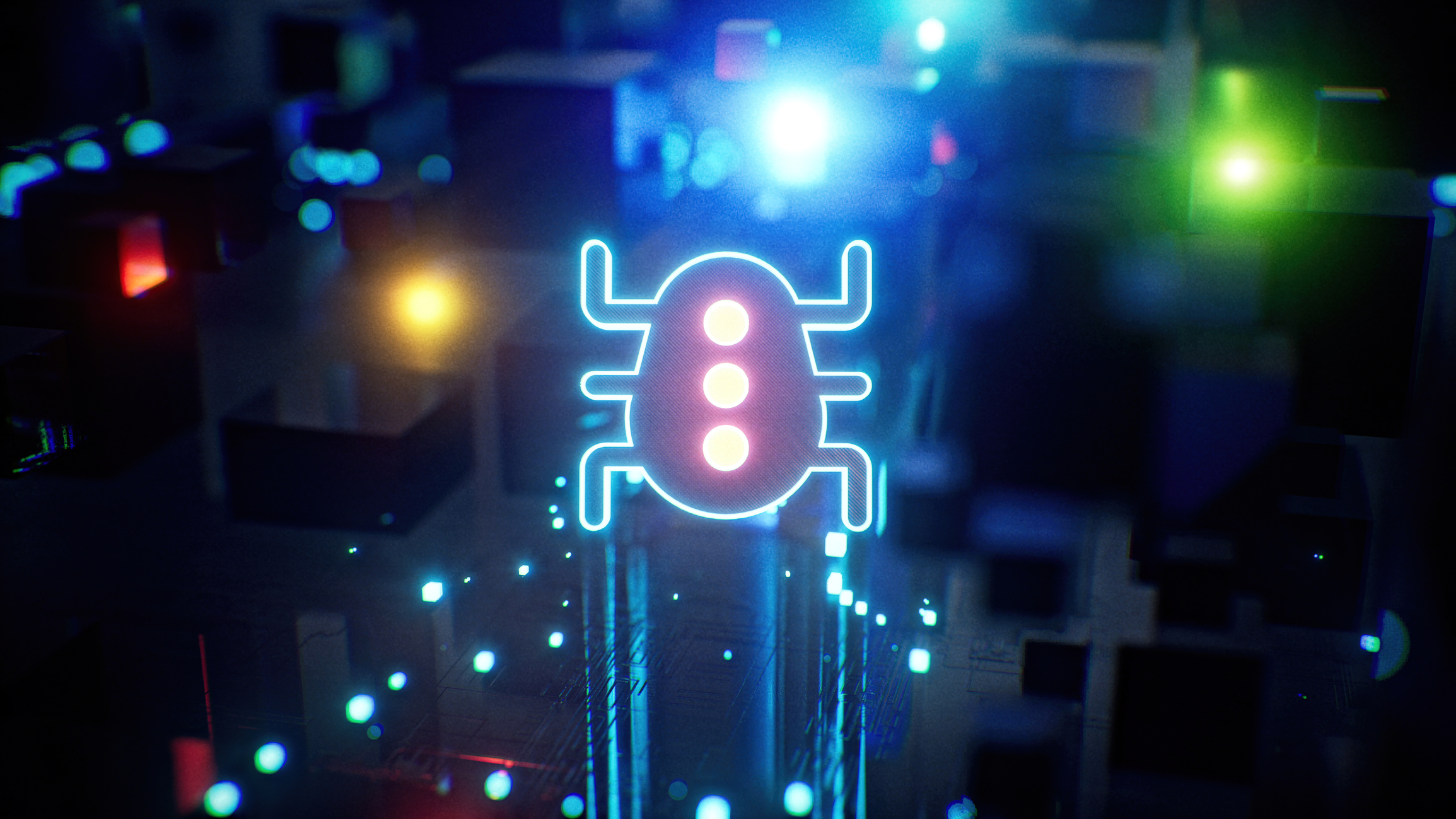 A stylized CGI image showing a bacteria-shaped malware with three red lights resembling traffic lights, against a dark backrgound with green, yellow, and red lights.