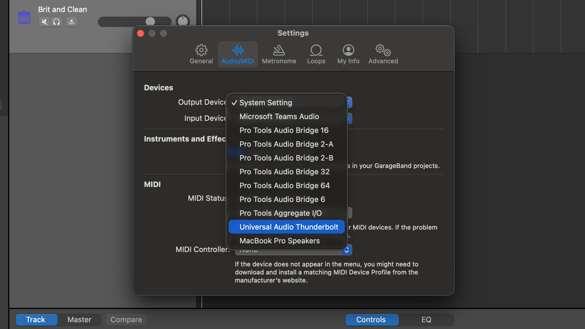 A screenshot showing the audio interface selection menu in Apple GarageBand