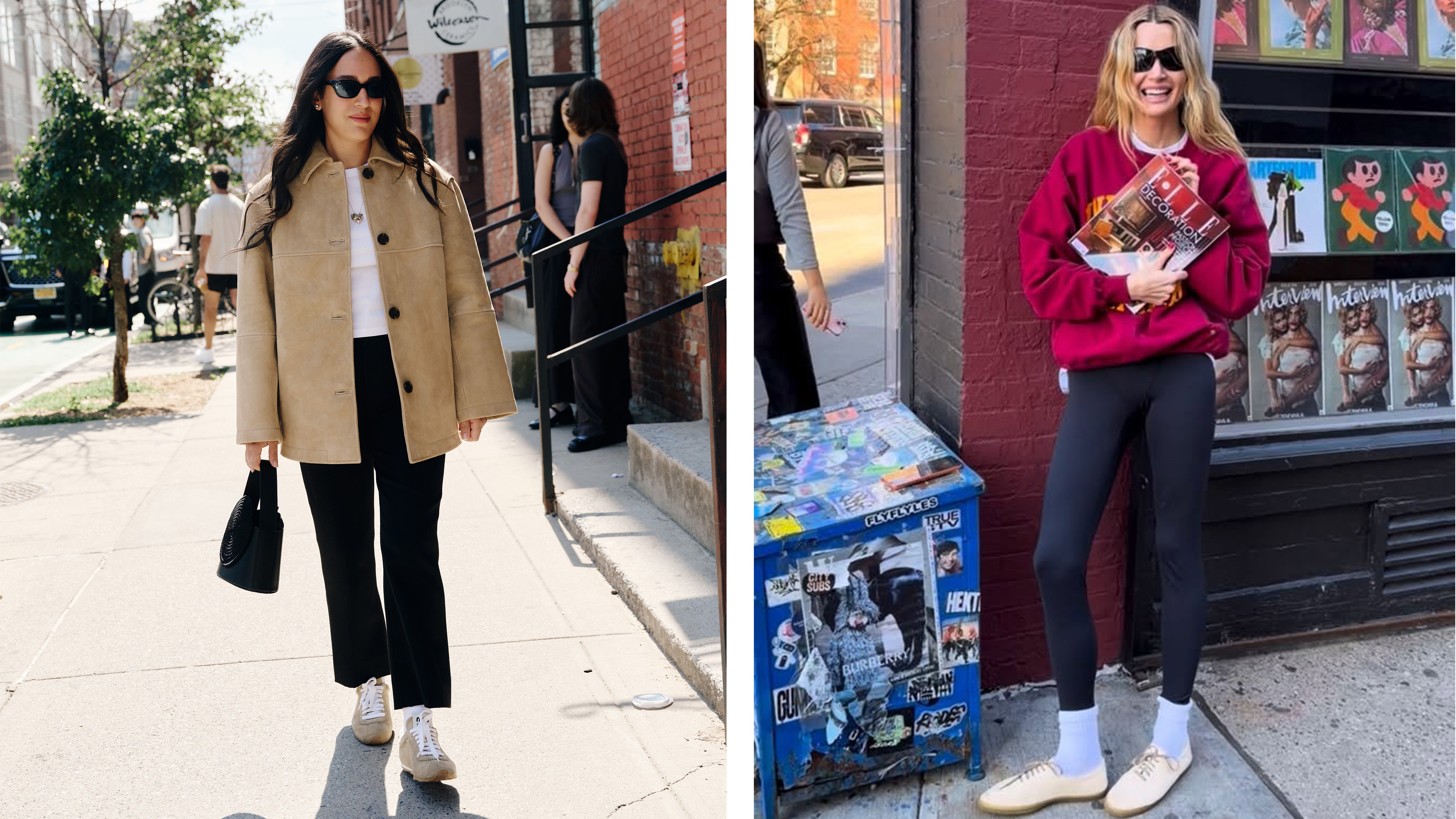 Two moms in NYC wear sneaker outfits.