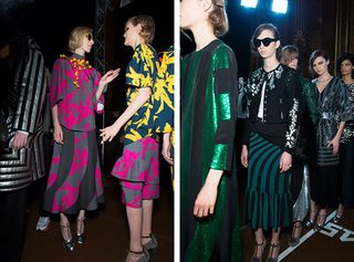 2 shots of female models in bright/metallic clothing chatting in lines