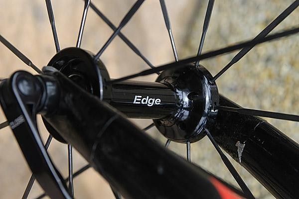 The front hub of Ruslan's Edge 50FC deep section wheels.