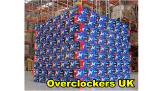 A picture of the Overclockers UK warehouse with stacks of AMD RX 9070 in boxes