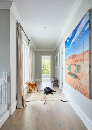 Grey hallway with wooden floor, desert artworkanimal skin rug,