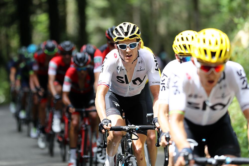 Geraint Thomas went off the road briefly during stage 8 but was OK.