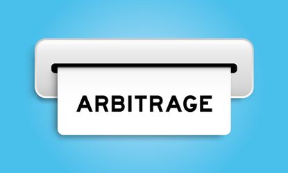 Arbitrage written on white paper coming out of printer and blue background