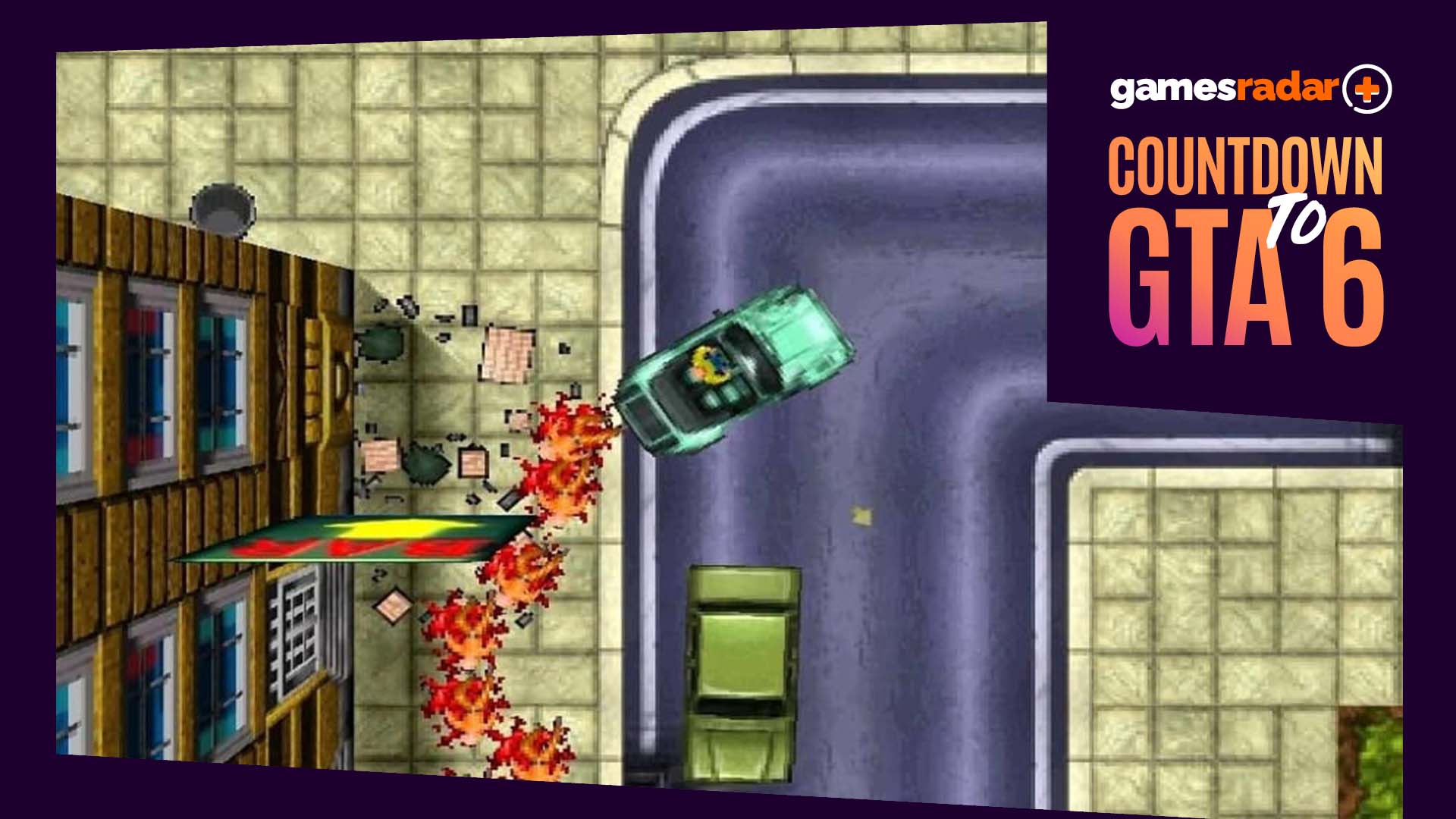 Driving around in GTA 1, with the Countdown to GTA 6 frame