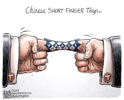 Political cartoon U.S. Trump China trade war tariffs Chinese finger trap