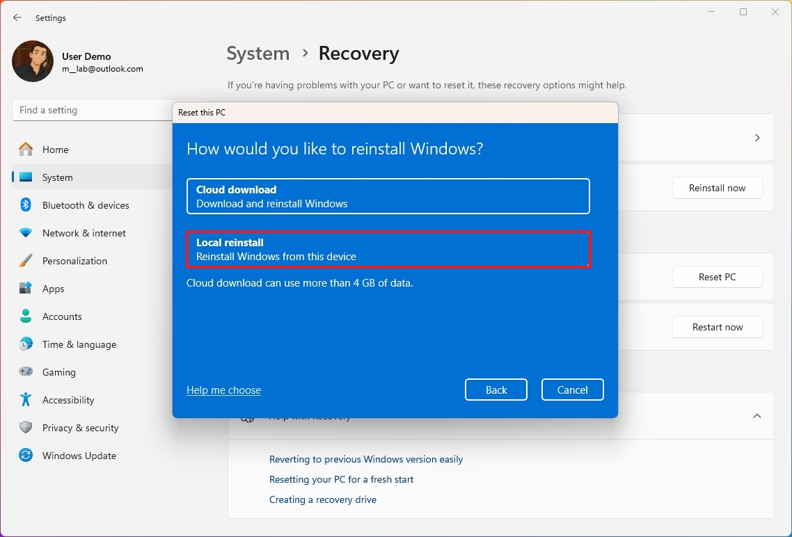 Reset PC with local reinstall