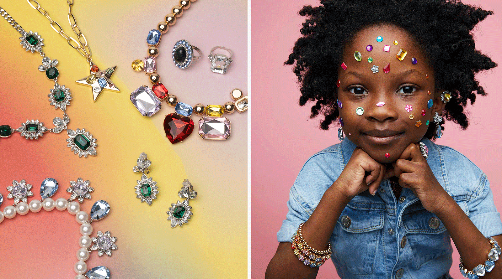 Bold and colourful children's jewellery and a child with stickers on her face