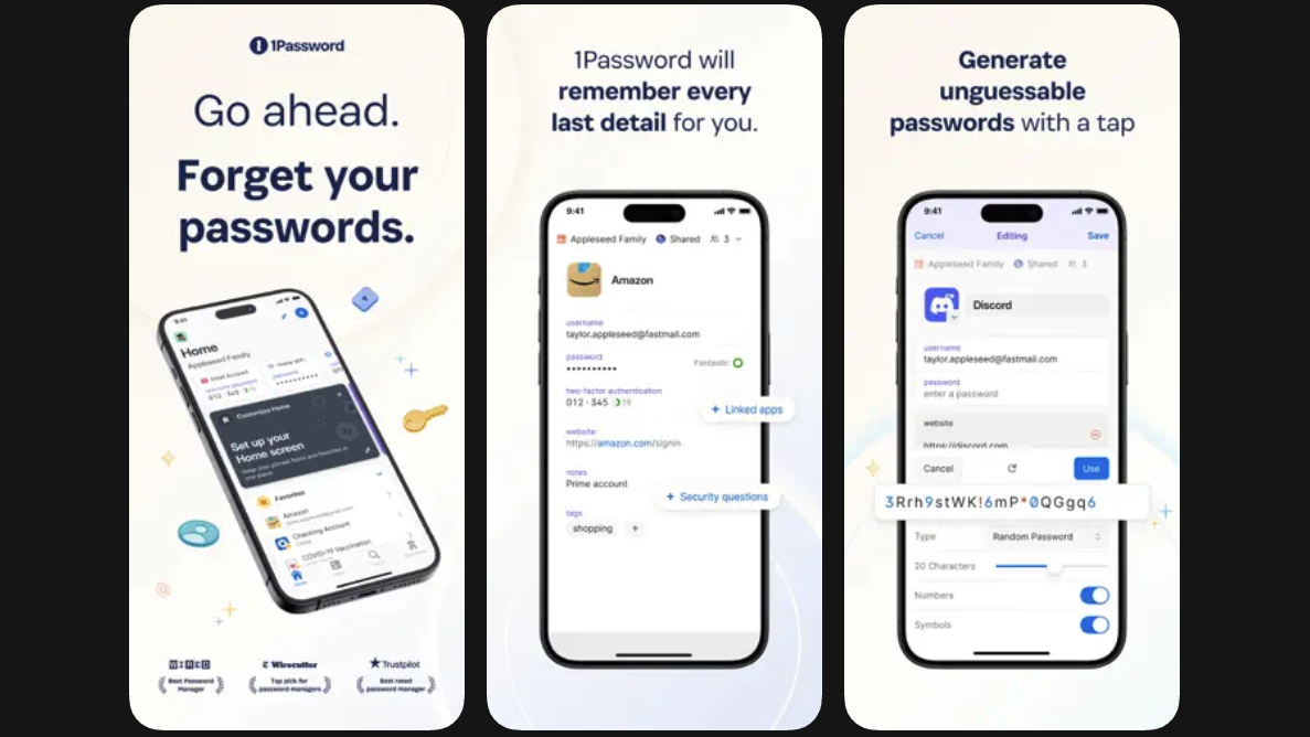 Marketing images showing 1Password features